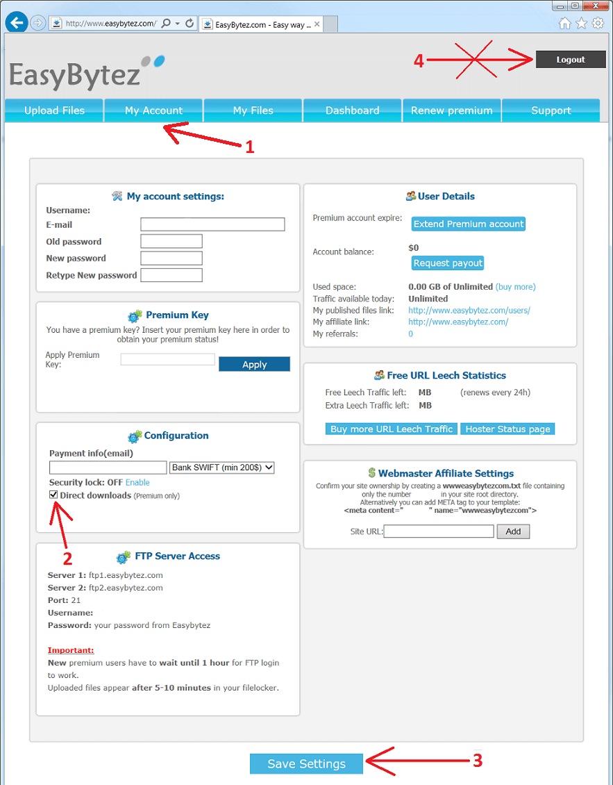 Enable 'Direct downloads' option in Easybytez account settings