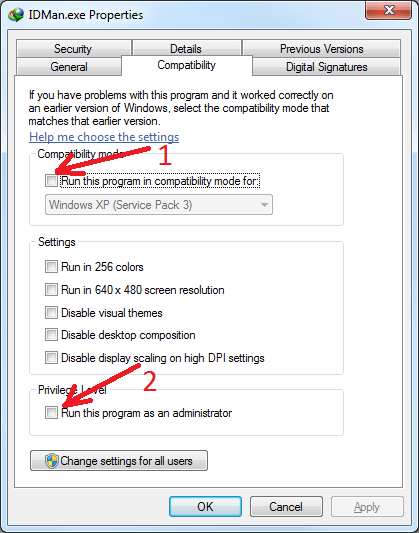 Check executable compatibility settings