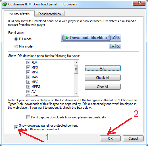 'Show download panel for protected content which IDM may not download' option