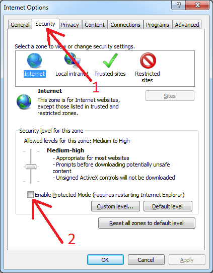 Disable protected mode in IE options 'Security' tab