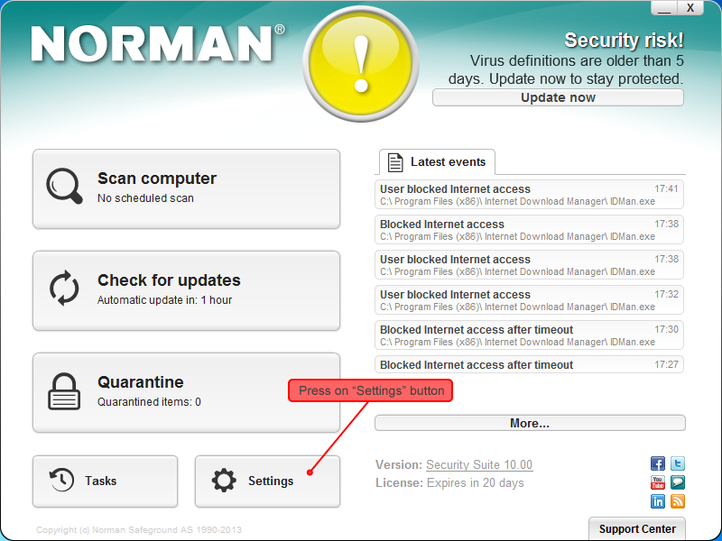 Norman Security Suite settings 1