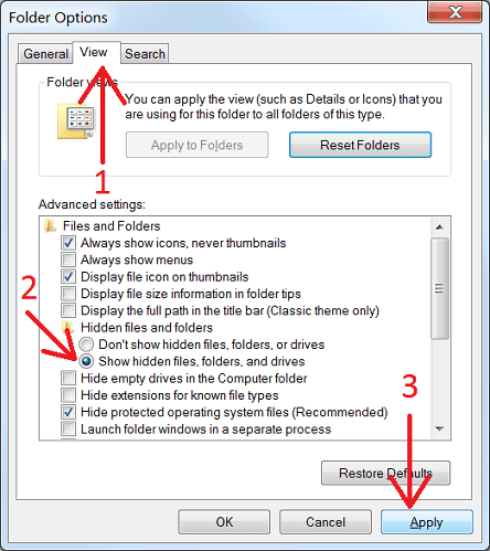 Enable 'Show hidden files and folders' in Windows Vista/7