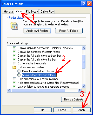 Enable 'Show hidden files and folders' in Windows XP