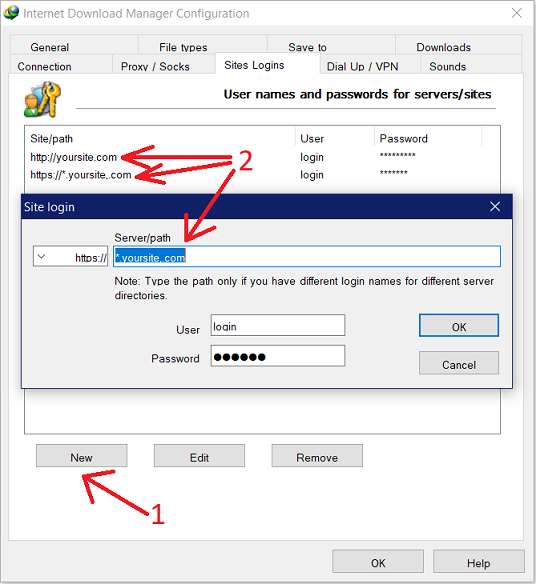 Add your login information for sharing site in IDM settings