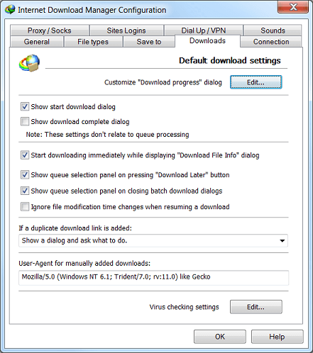 Internet Download Manager 'Options' dialog 'Downloads' tab