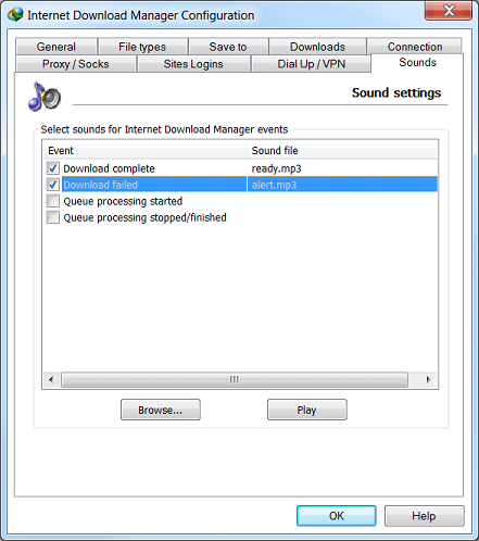 Internet Download Manager 'Options' dialog 'Sounds' tab